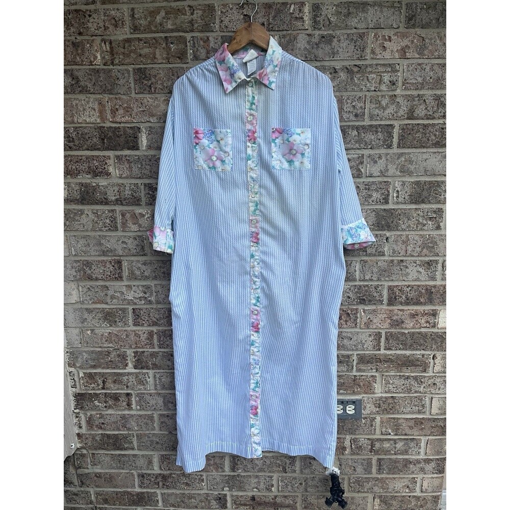 Vintage Adonna Seersucker House Dress Small Blue Stripe Floral Grandmacore USA